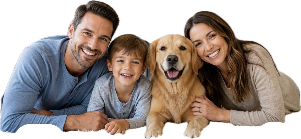 Happy Canton MI family with their golden retriever on clean carpet